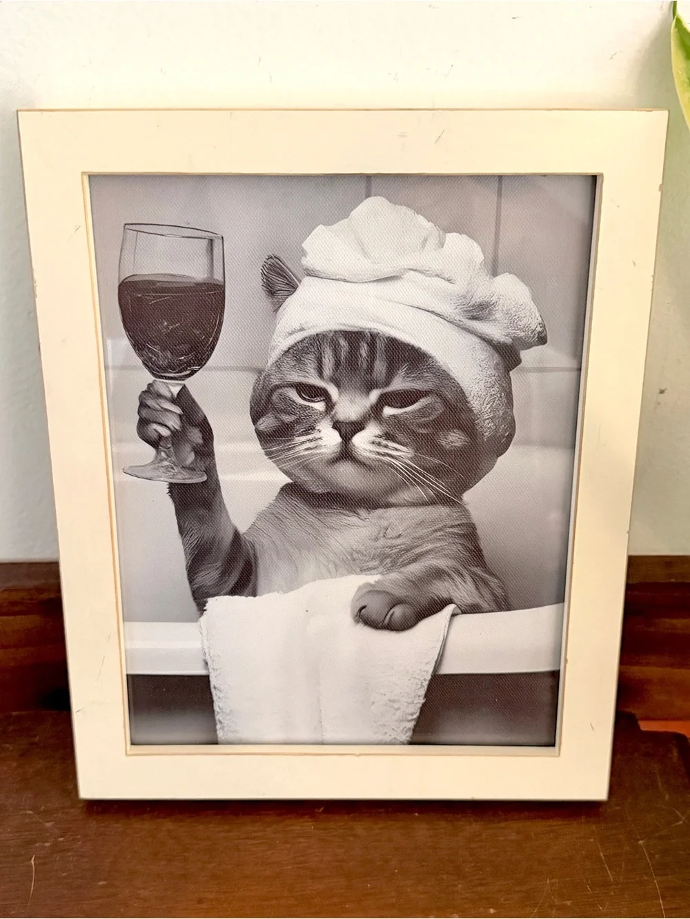 Bathtub Cat Drinking Wine Quirky Kitty Canvas Bathroom Wall Art Print Framed